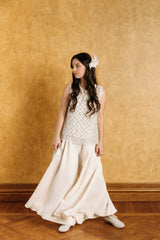 Shimmering creamy crystal embroidered blouse with soft organza and silk lining.