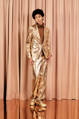 Elegant golden single-button jacket with shawl lapel and a 100 % silk lining.