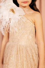 Off the shoulder sparkling princess golden ball gown with a full skirt and a layered upper part.