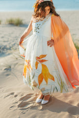 Exquisite silk taffeta and organza hand-painted and hand-embroidered full skirt midi dress with a magical deepsea motif.