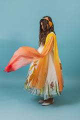 Exquisite silk taffeta and organza hand-painted and hand-embroidered full skirt midi dress with a magical deepsea motif.