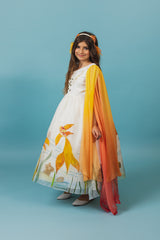 Exquisite silk taffeta and organza hand-painted and hand-embroidered full skirt midi dress with a magical deepsea motif.