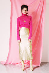 Statement shiny genuine leather pencil midi skirt in gold