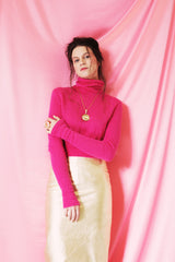 Statement shiny genuine leather pencil midi skirt in gold