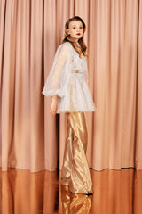 Elegant wide leg golden trousers with wool and 100 % silk lining