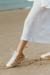 Unique Handcrafted cotton high-top sneakers, with handmade raffia crochet.