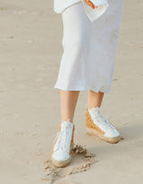 Unique Handcrafted cotton high-top sneakers, with handmade raffia crochet.