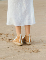 Unique Handcrafted cotton high-top sneakers, with handmade raffia crochet.