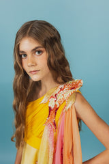 Elegantly soft, sunset-colored one-shoulder empire silk gown.