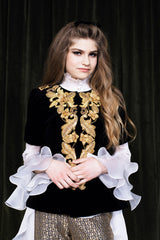 Midnight black soft velvet jacket with 1/2 sleeves and a 100 % silk lining.