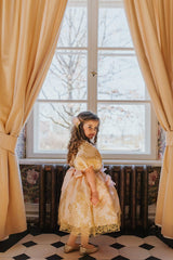 Delicate hand-crafted silk flower hair clip with golden crystal strips.