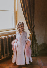 Tuxedo-inspired princess dress in sweet rose tone.