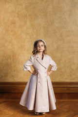 Tuxedo-inspired princess dress in sweet rose tone.