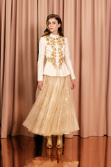 Luxurious mandarin-collar wool and silk jacket with unique Basque-stitch embroidery.