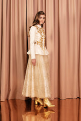 Luxurious mandarin-collar wool and silk jacket with unique Basque-stitch embroidery.