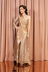 Unique off-the-shoulder jacket made with wool with crystal buttons on one side and a 100 % silk lining.