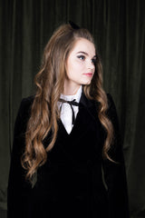 Deep midnight black six-button 100 % silk lined velvet jacket with a timeless notch lapel, upper part in silk