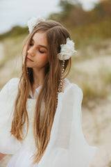 Delicate handcrafted silk flower hair clip with freshwater pearl and golden beads strips.