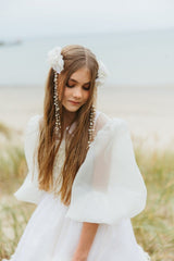 Delicate handcrafted silk flower hair clip with freshwater pearl and golden beads strips.