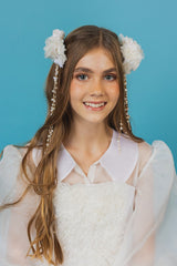 Delicate handcrafted silk flower hair clip with freshwater pearl and golden beads strips.