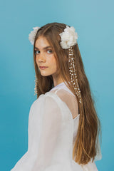 Delicate handcrafted silk flower hair clip with freshwater pearl and golden beads strips.