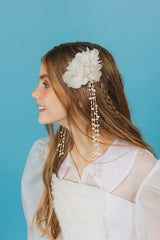 Delicate handcrafted silk flower hair clip with freshwater pearl and golden beads strips.