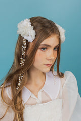 Delicate handcrafted silk flower hair clip with freshwater pearl and golden beads strips.