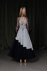 Asymmetric chequered princess cut dress with full tulle underskirt