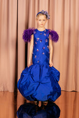 Full length voluminous balloon skirt silk taffeta dress, embroidered with handmade silk purple flowers.