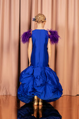 Full length voluminous balloon skirt silk taffeta dress, embroidered with handmade silk purple flowers.