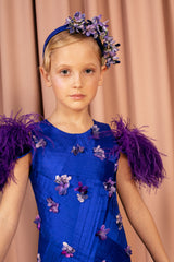 Full length voluminous balloon skirt silk taffeta dress, embroidered with handmade silk purple flowers.