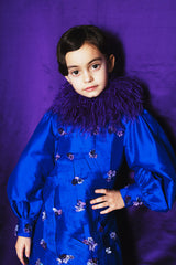 Deep blue mini dress in 100 % silk taffeta with 100 % silk lining for comfort.