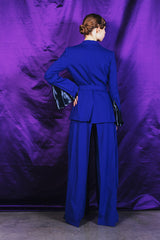 Rich indigo blue wide-leg trousers in 100 % wool and 100 % silk lining and slits