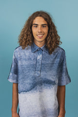 Elegant silk polo shirt with hidden front button closures and a spread collar.