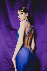 Magnificent purple fitted sheath gown with extreme low cut back.