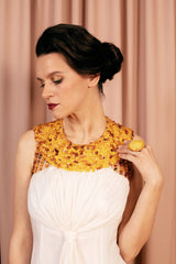 Glorious imperial silk chiffon ball gown with luxurious amber embroidery.