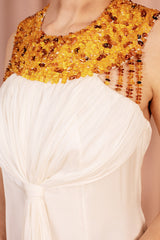 Glorious imperial silk chiffon ball gown with luxurious amber embroidery.