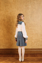 Royal velvet midi skirt with crossed silver thread stitching, decorated with silver beads and large crystals.