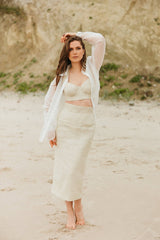 Tea-length silk and linen pencil skirt.