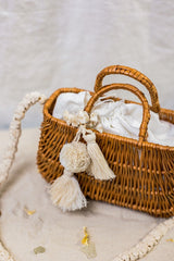 Exquisite wicker handbag with a double handle and linen inner bag that has a cotton lining expresses refined charm.
