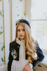 Dark night blue quilted headband with embellished crystals and silver flowers.