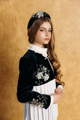 Dark night blue quilted headband with embellished crystals and silver flowers.