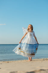 Stunning silk taffeta and organza full-skirt midi dress with a hand-painted sea landscape and hand-embroidered seagulls.