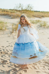 Stunning silk taffeta and organza full-skirt midi dress with a hand-painted sea landscape and hand-embroidered seagulls.