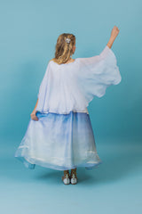 Stunning silk taffeta and organza full-skirt midi dress with a hand-painted sea landscape and hand-embroidered seagulls.