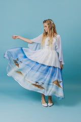 Stunning silk taffeta and organza full-skirt midi dress with a hand-painted sea landscape and hand-embroidered seagulls.