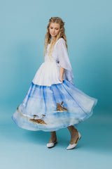 Stunning silk taffeta and organza full-skirt midi dress with a hand-painted sea landscape and hand-embroidered seagulls.