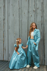 Elegantly tailored, oversize summer sky blue silk duchess suit jacket.
