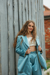 Elegantly tailored, oversize summer sky blue silk duchess suit jacket.