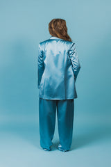 Elegantly tailored, oversize summer sky blue silk duchess suit jacket.